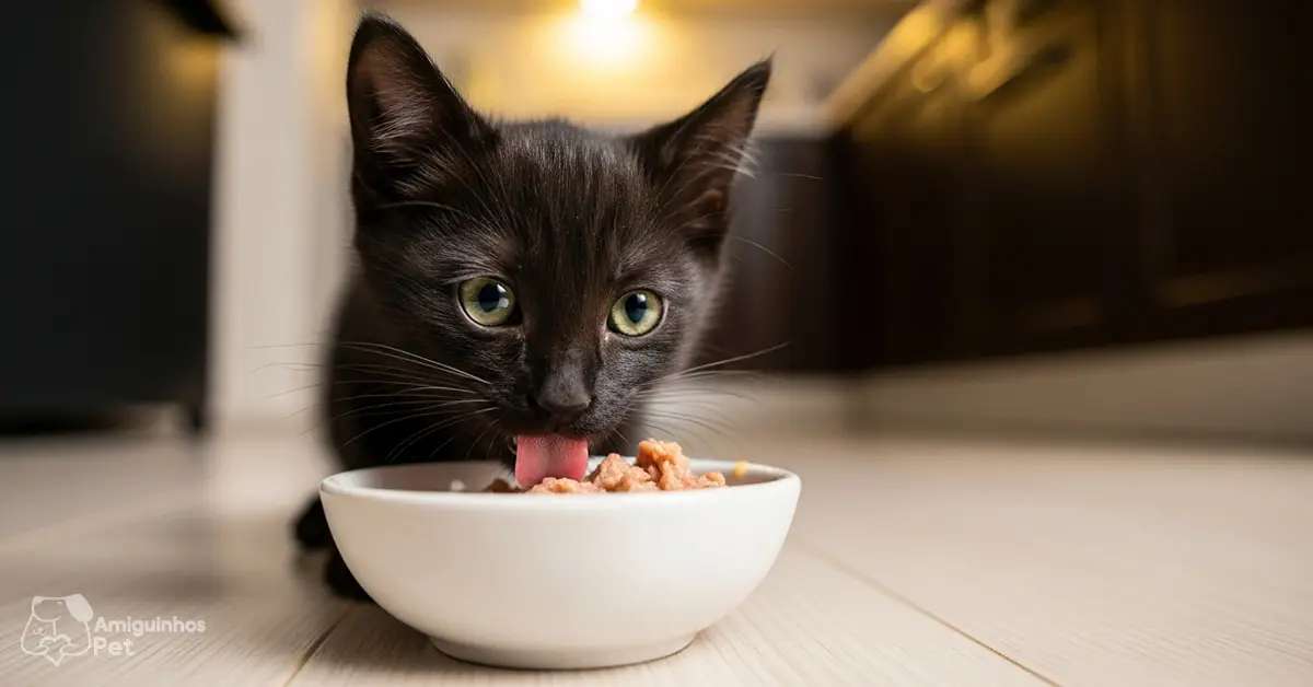 Gato filhote preto se alimentando de ração úmida em um pote de cerâmica limpo.