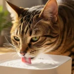 Gato bebendo água fresca em um bebedouro elétrico para gatos silencioso e moderno.
