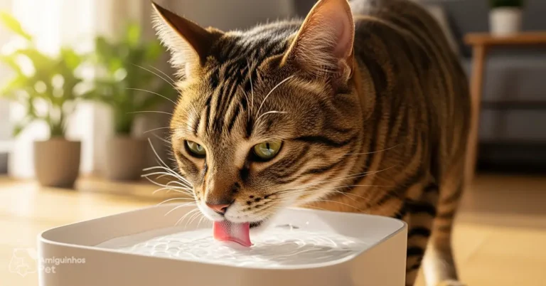 Gato bebendo água fresca em um bebedouro elétrico para gatos silencioso e moderno.