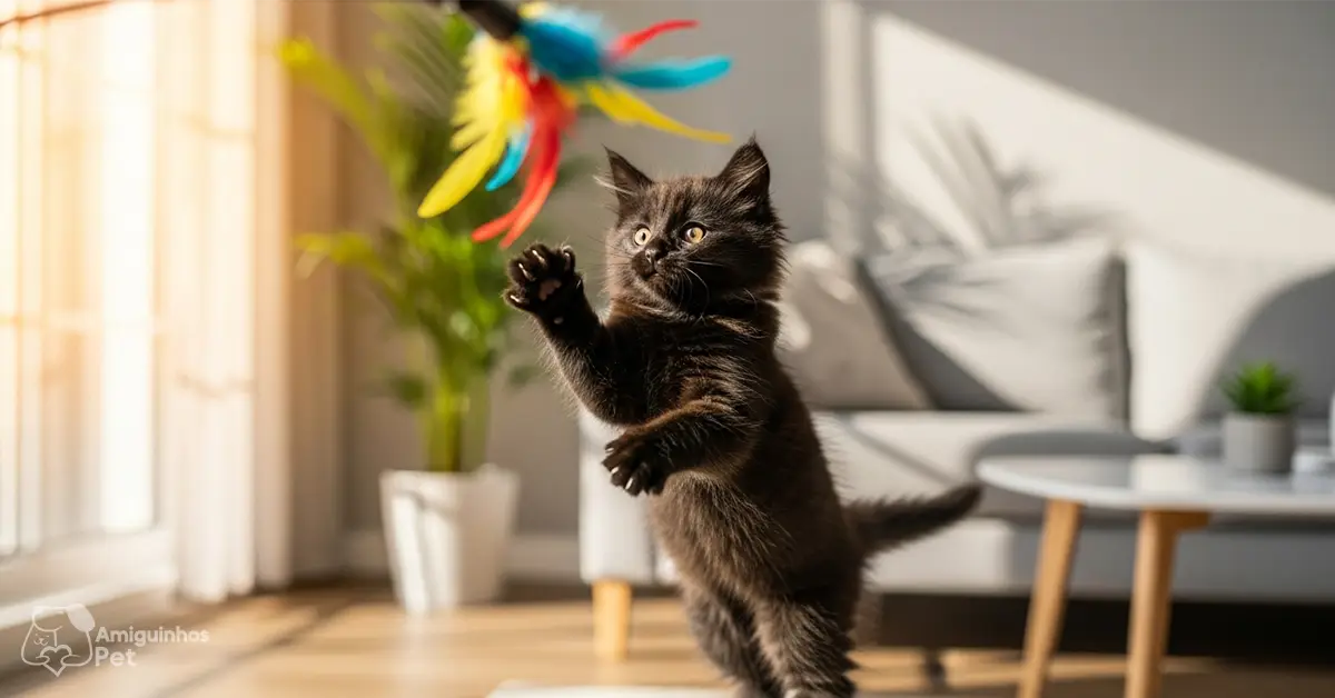 Gato filhote preto brincando e pulando para pegar um brinquedo, exercitando seu instinto caçador.