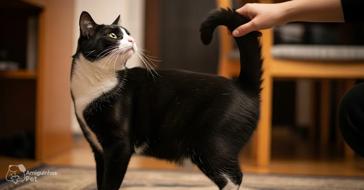 Gato levantando o quadril ao receber toque na base da cauda, região sensível onde fazer carinho no gato