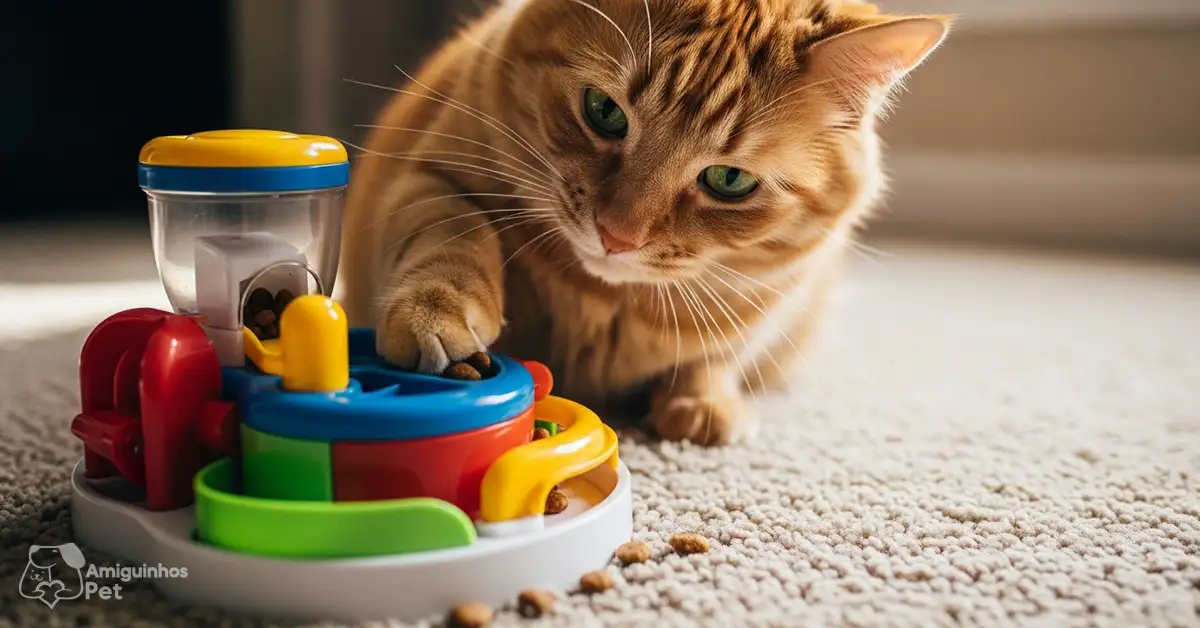 Gato utilizando comedouro interativo para comer ração para gato obeso devagar