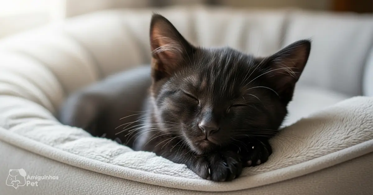 Gato filhote preto dormindo enroladinho em uma cama confortável, com pelagem brilhante