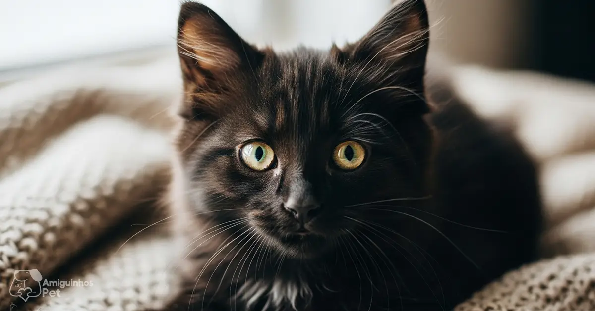 Gato filhote preto com olhos brilhantes sentado sobre uma manta bege, mostrando sua personalidade única