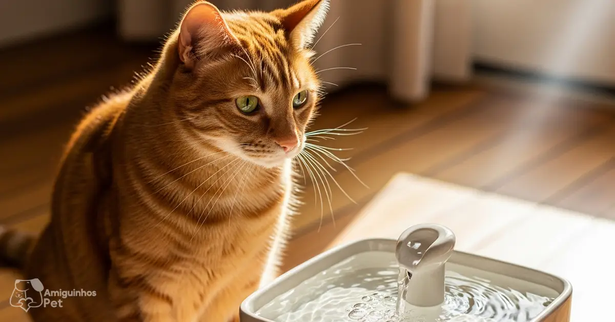 Gato saudável e curioso ao lado do melhor bebedouro elétrico para gatos de cerâmica.