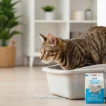 Gato contente usando a melhor areia para gatos em caixa higiênica limpa, foco no bem-estar e conforto felino.