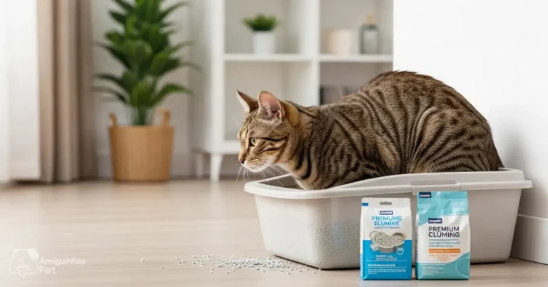 Gato contente usando a melhor areia para gatos em caixa higiênica limpa, foco no bem-estar e conforto felino.