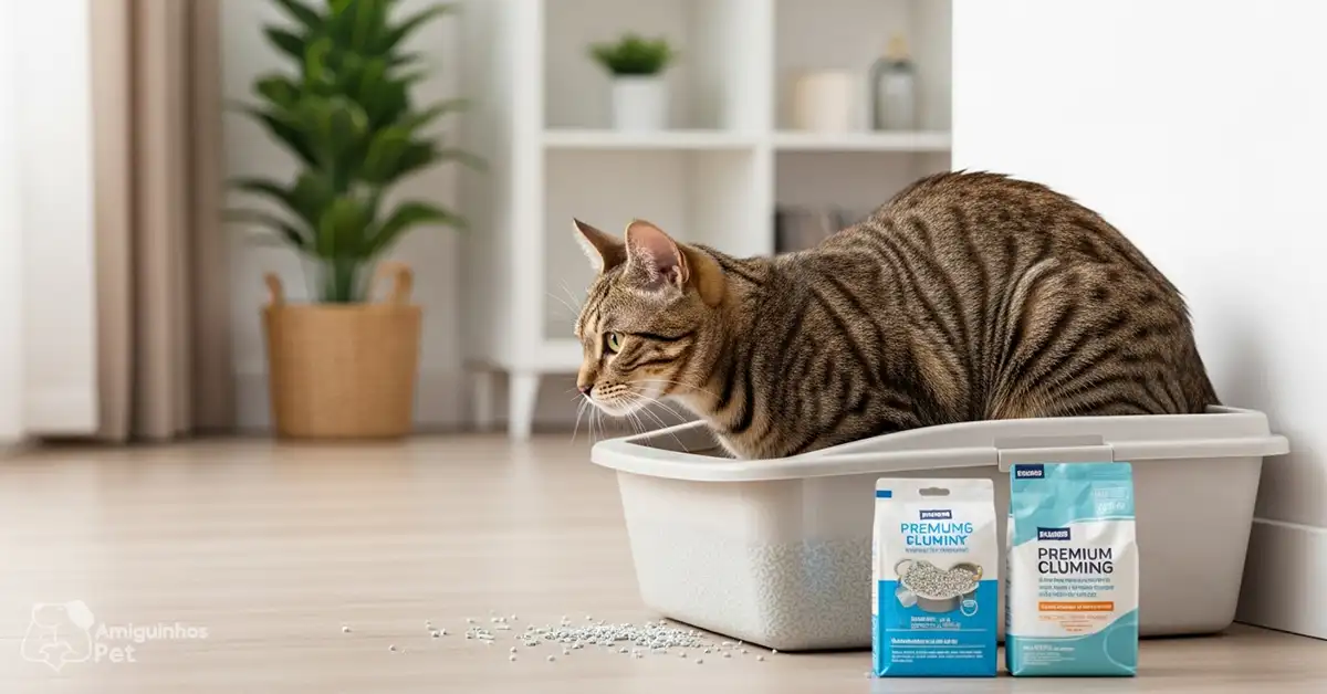 A melhor areia para gatos: gato tabby confortável usando caixa de areia limpa com diferentes tipos de areia para gatos visíveis.