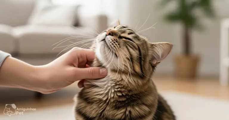 Onde fazer carinho no gato corretamente focando no queixo para evitar mordidas.