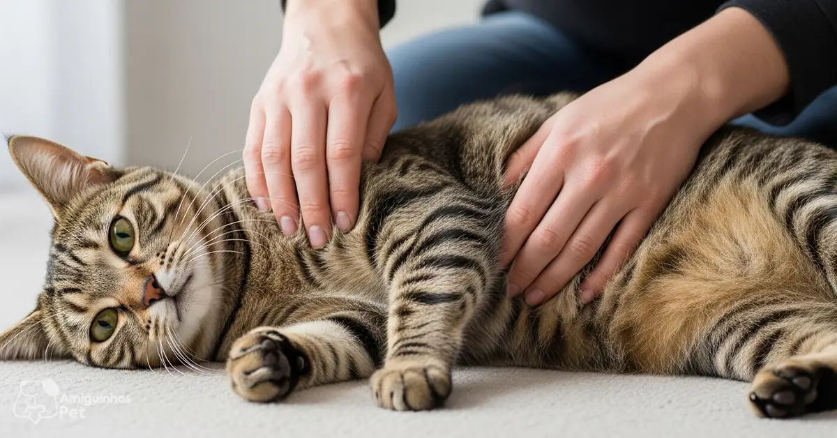 Gato com a barriga para cima, um local perigoso onde fazer carinho no gato se não houver confiança.