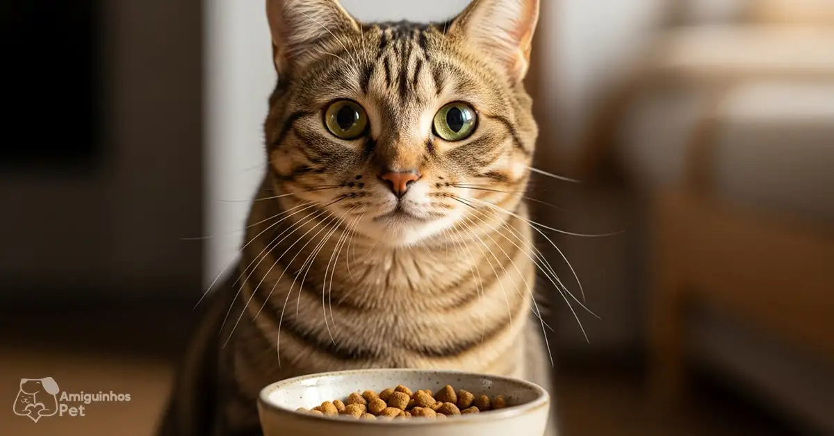 Gato com sobrepeso sentado ao lado de um pote com ração para gato obeso
