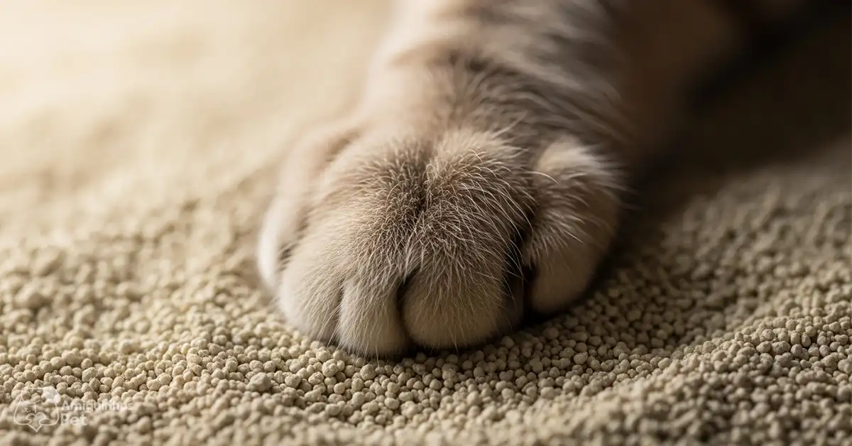 Comparação visual de tipos de areia para gatos: argila (bentonita) aglomerante e cristais de sílica gel.
